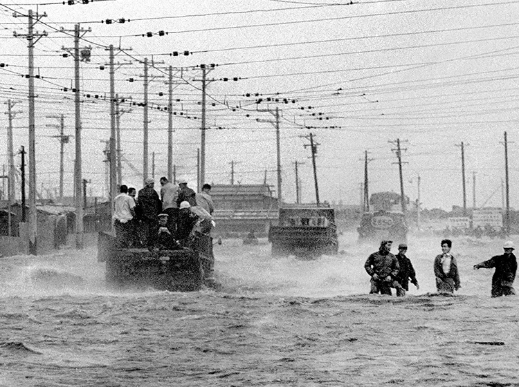 台風で海のような道路